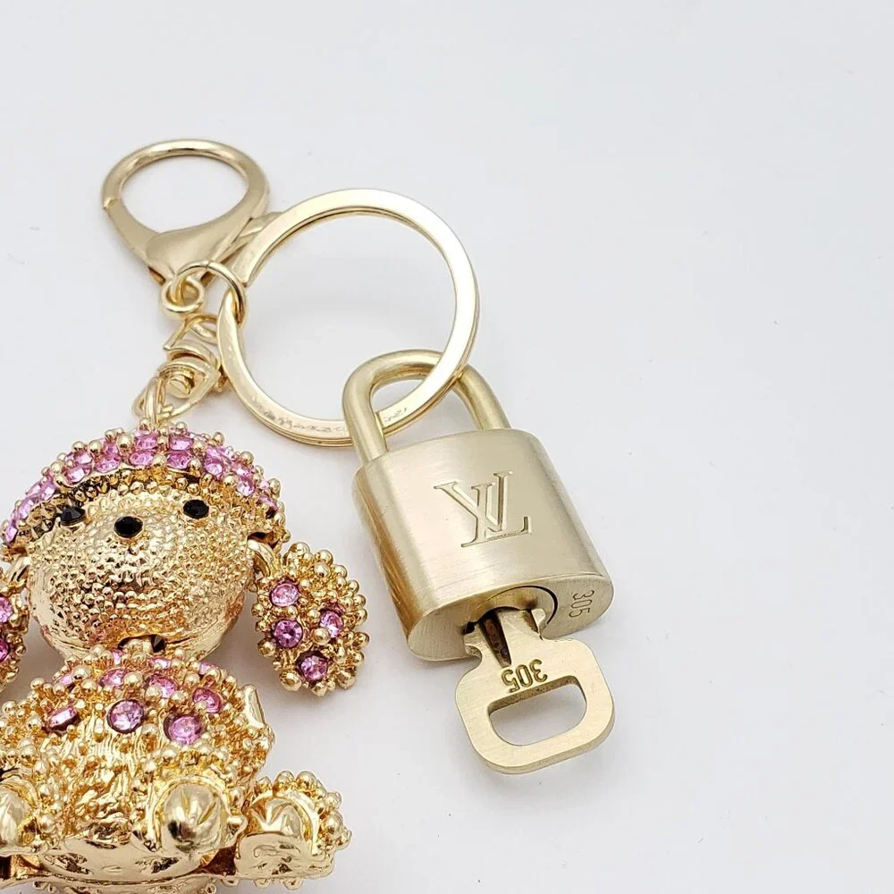 Authentic Louis Vuitton Gold Padlock & Key w/Unbranded Rhinestone Dog Keychain - Picture 3 of 8